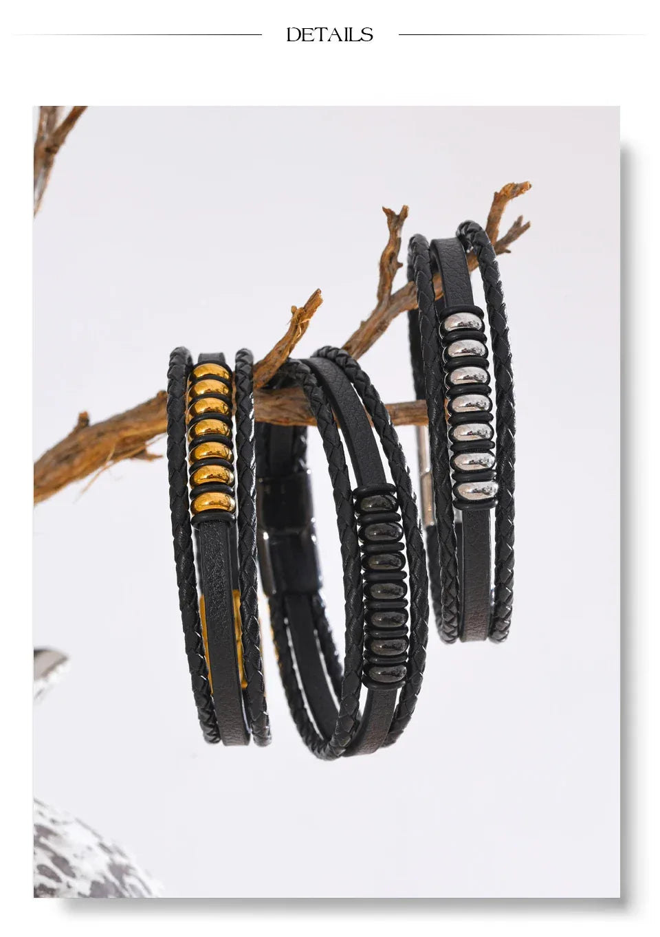 Stylish Black Fibre Leather Layered Men's Wrist Bracelet Bangle - ShopHub