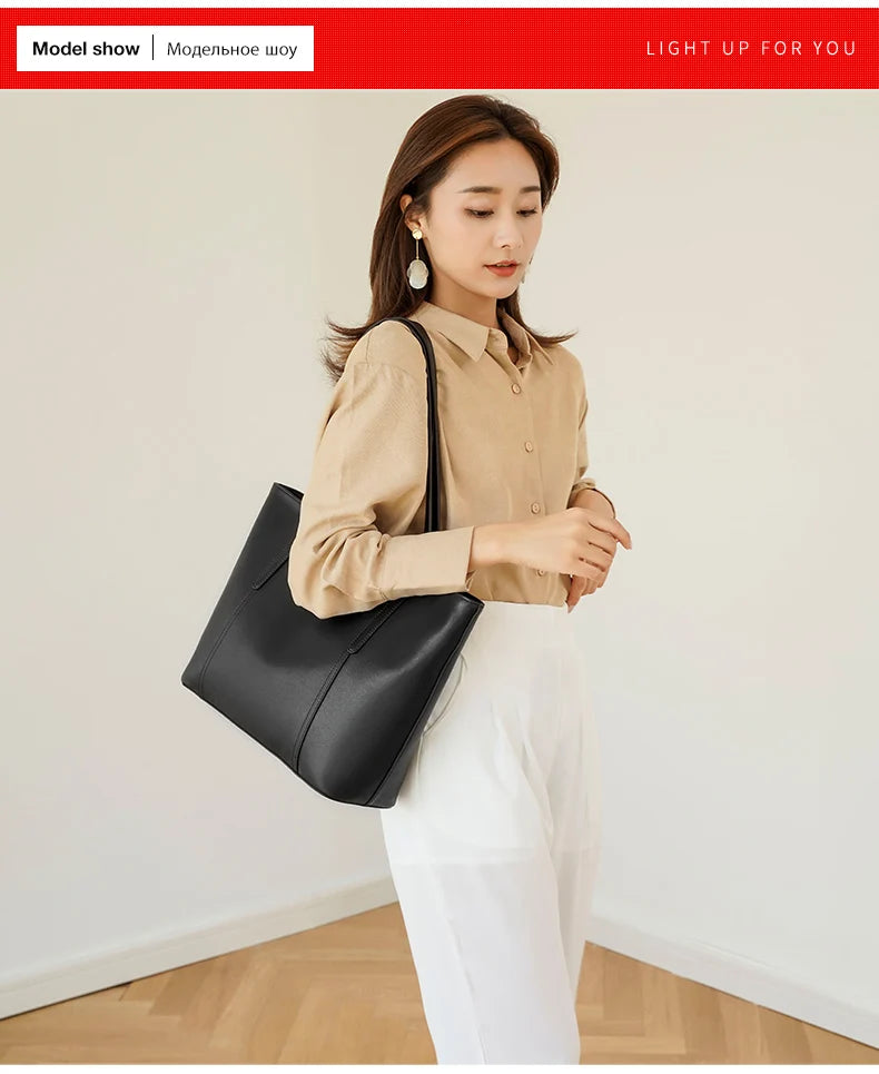FOXER Split Leather Shoulder Bag for Women Simple Large Capacity Tote Lady Classic Black Handbag Gift for Wife, Lover