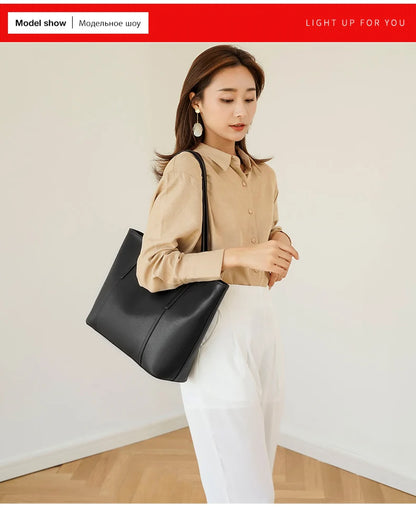 FOXER Split Leather Shoulder Bag for Women Simple Large Capacity Tote Lady Classic Black Handbag Gift for Wife, Lover