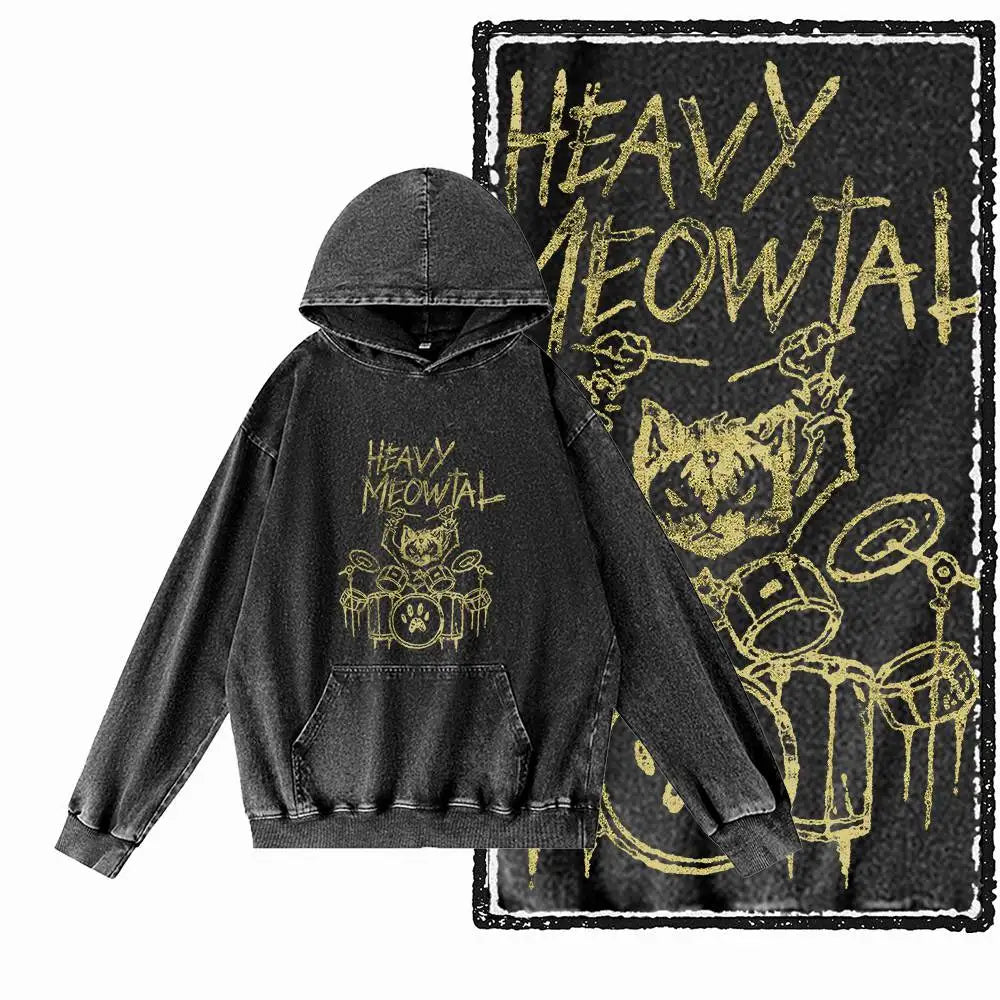 Night Prowler Cat Graphic Acid-Washed Black Hoodie