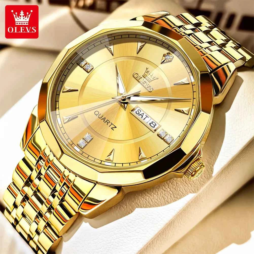 OLEVS 9977 Mens Watch Original Quartz Luminous Waterproof Day-Date Watch for Ladies and Gentlemen with Gift Box