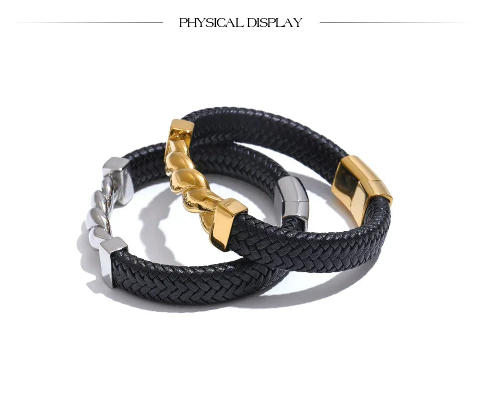 65mm Leather Metal Twisted Chain Handmade Wide Bracelet Bangle - ShopHub