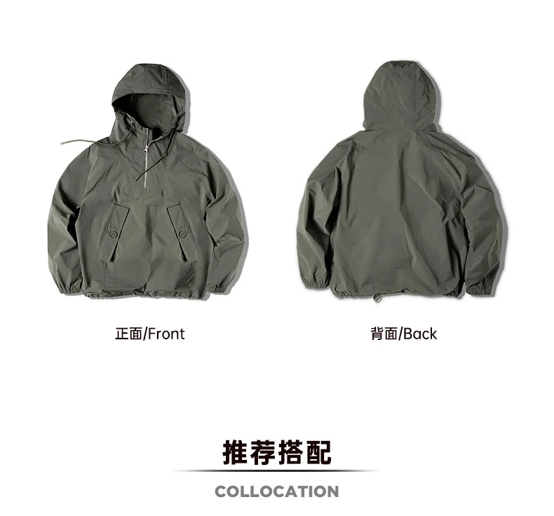 Maden M43 Parka Dark Green Deck Coat for Men Spring and Autumn Solid Color Hooded Sweatshirt Male Urban Outdoor Loose Jacket