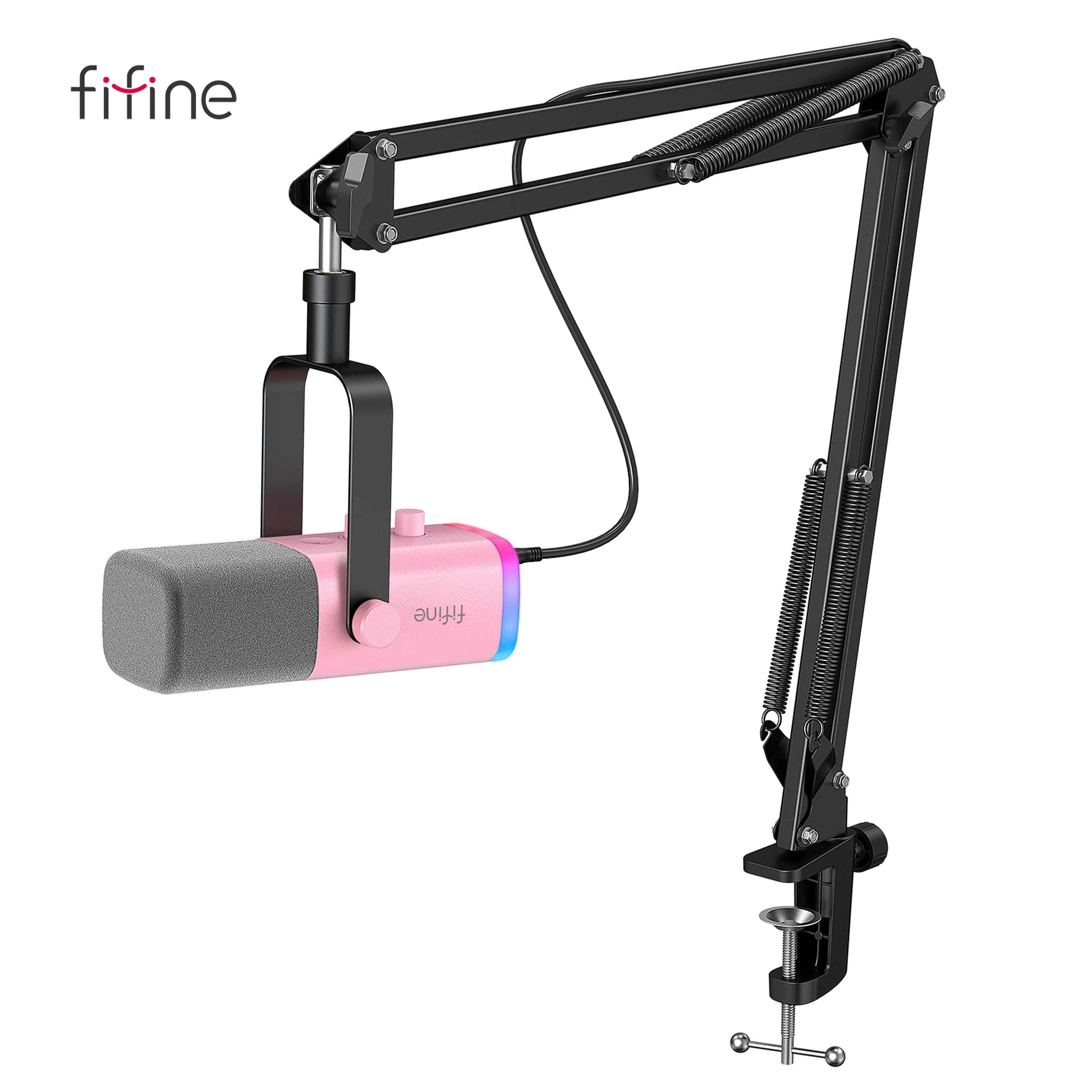 FIFINE Gaming USB/XLR Dynamic Microphone Kit with Gain Knob/RGB/Monitor,Boom Arm Mic Set for PC PS5/4 Mixer-AmpliGame Pink AM8TP