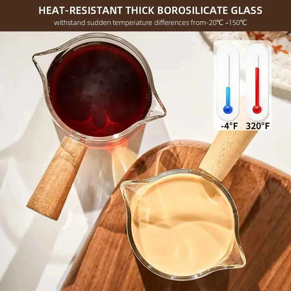 Glass Measuring Cup with Wood Handle, Double Spout Espresso Milk Coffee Mug, Clear Baking Kitchen Tool