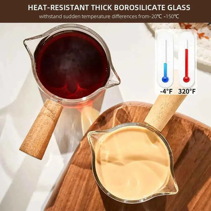 Glass Measuring Cup with Wood Handle, Double Spout Espresso Milk Coffee Mug, Clear Baking Kitchen Tool