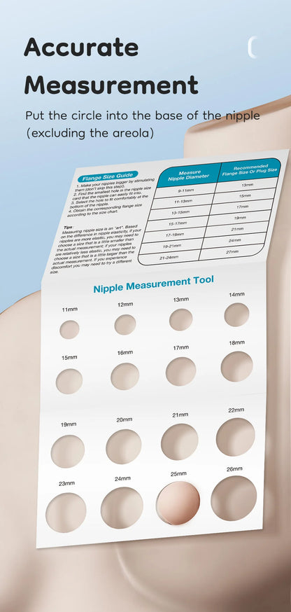Nipple measurement tool with a chart on a light blue background