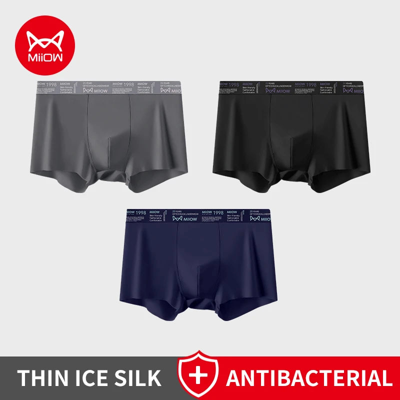 MiiOW Ice Silk Men Underwear - 3Pcs Breathable Ultra-thin Antibacterial Boxers for Ultimate Comfort
