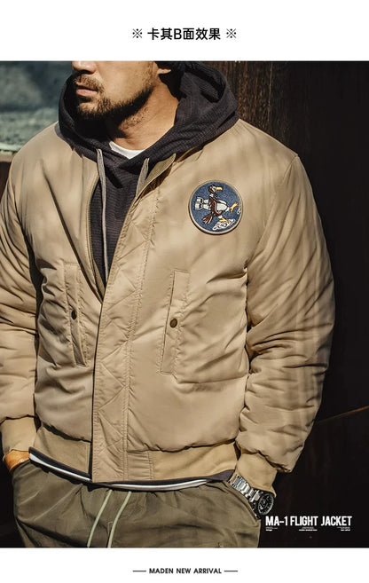 Maden Reversible MA-1 Flight Jackets for Men Baseball Collar Small Square Texture Fall and Winter Thickened Coats Cotton Jacket