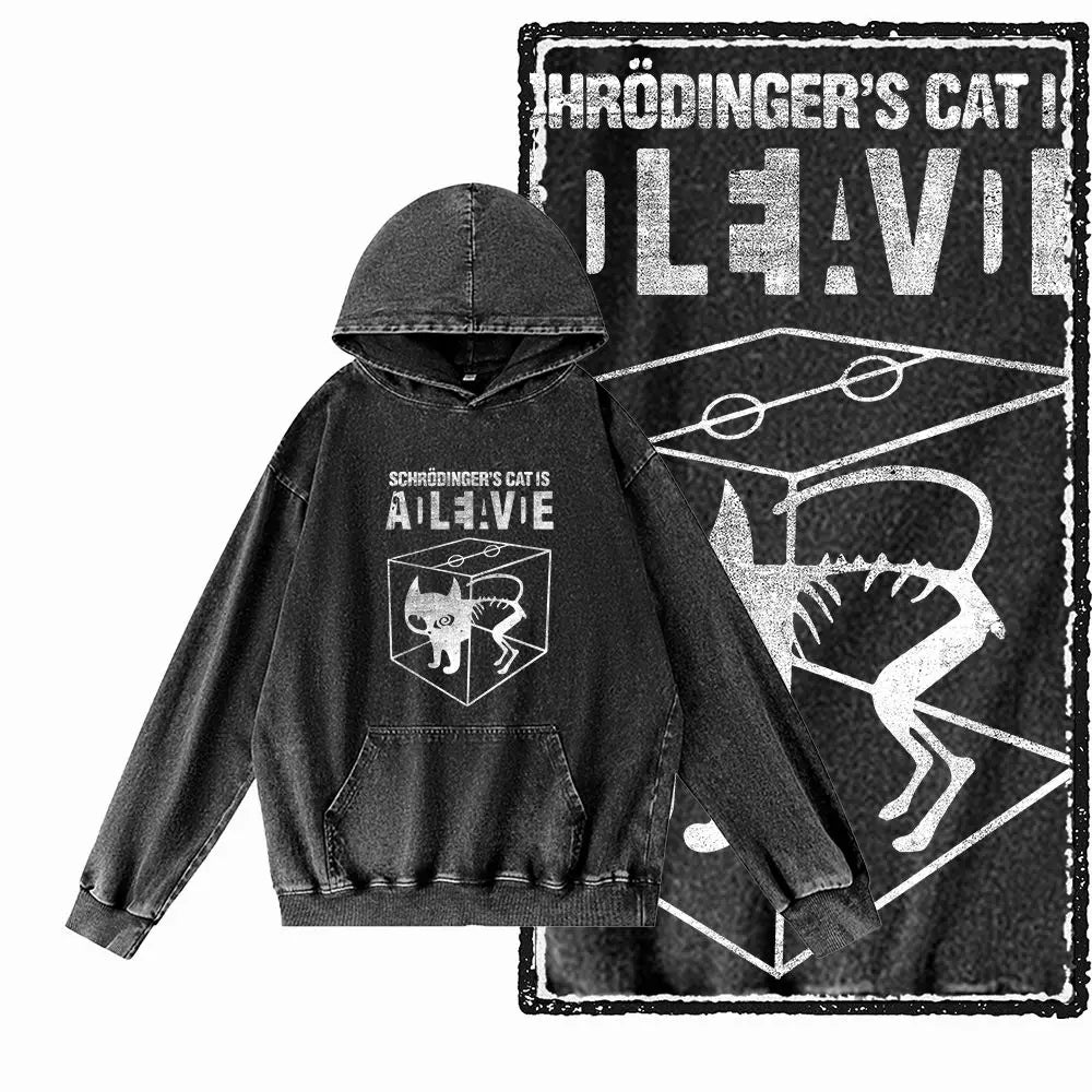 Night Prowler Cat Graphic Acid-Washed Black Hoodie