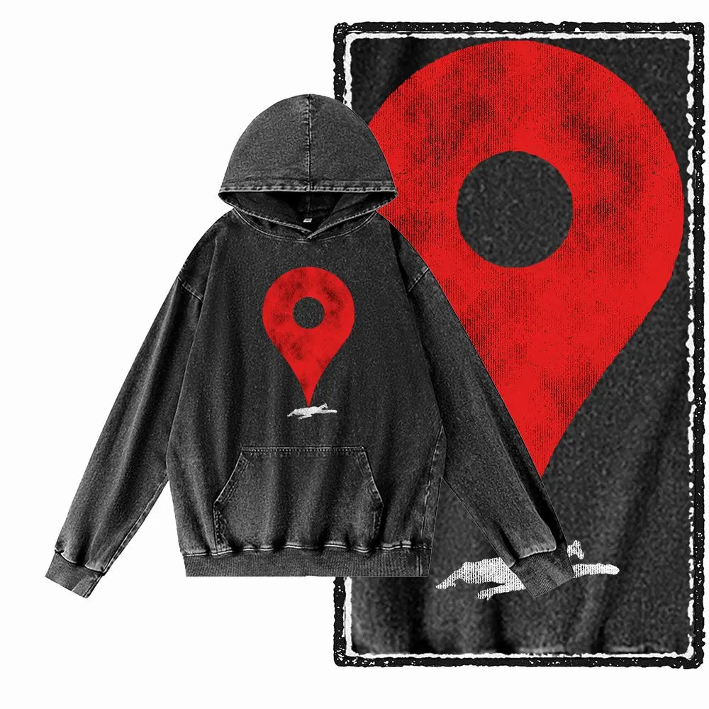 COOLMIND G25 Vintage Print Acid-Washed Black Hoodie