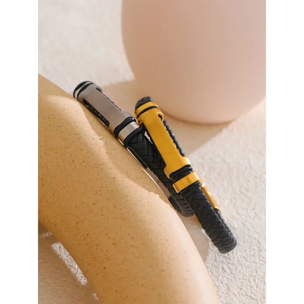 70mm Vintage Stainless Steel Black Leather Braided Handmade Men's Bracelet Bangle - ShopHub