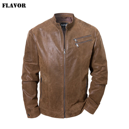 FLAVOR Men's Brown Leather Moto-Style Jacket