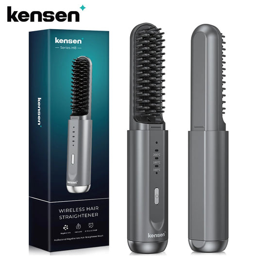Kensen Wireless Hair Straightener Brush - Negative Ion USB Rechargeable Fast Heat Styling Comb for Men and Women