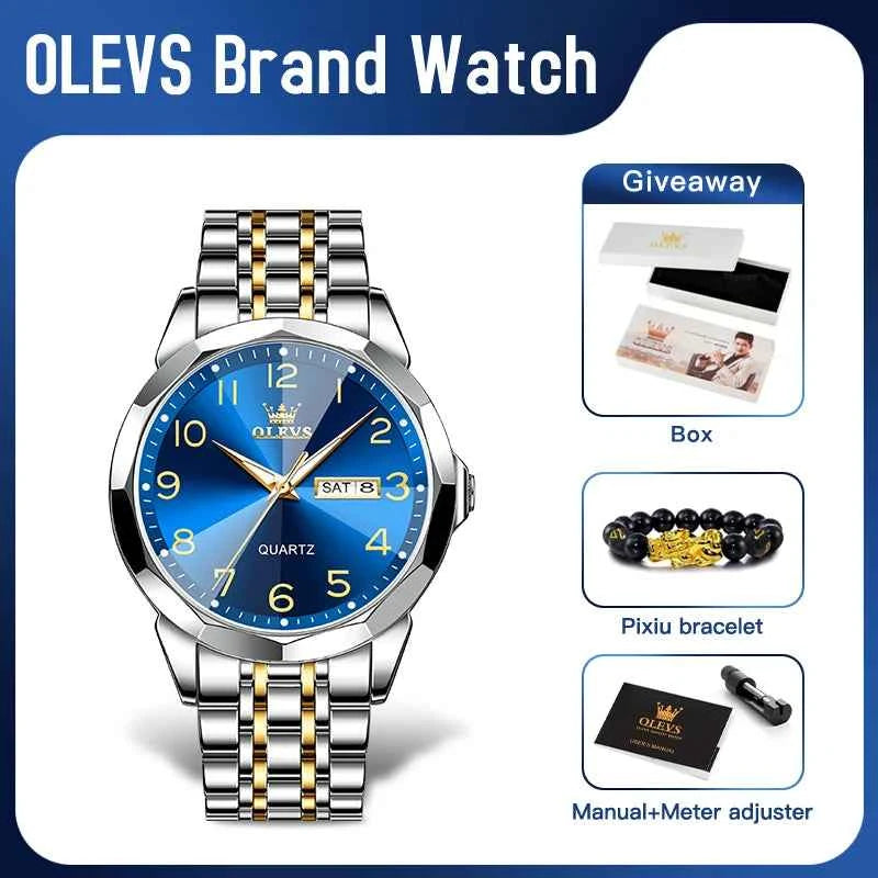 OLEVS 9970 Mens Watch with Original Mirror Quartz Movement, Waterproof, Luminous Dual Calendar - Perfect Mens Gifts Reloj
