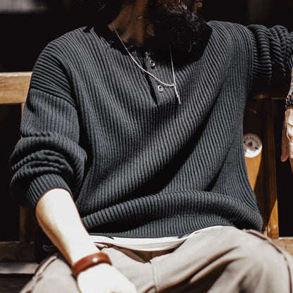 MADEN Black Heavyweight Henley Sweater