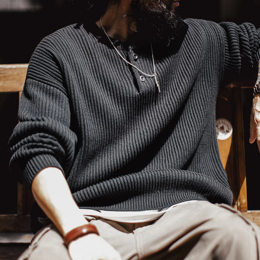 MADEN Black Heavyweight Henley Sweater
