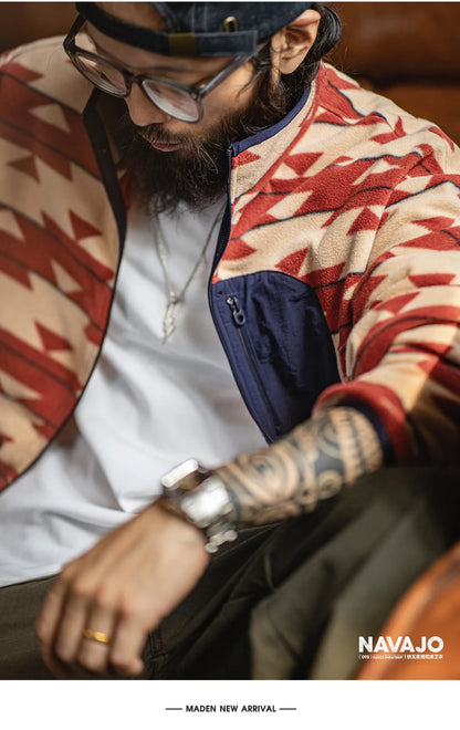 Maden Men's Vintage Navajo Polar Fleece Jacket Stand Collar Zip-Up Patchwork Sweatshirt Warm Cardigan for Spring and Autumn Coat