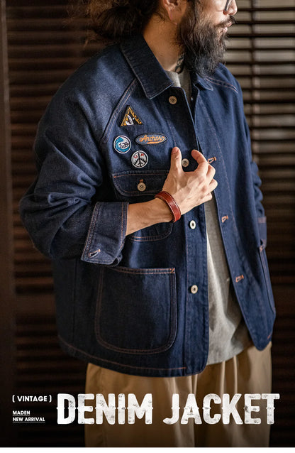 Maden Vintage Embroidered Badge 12.8oz Heavyweight Denim Jacket Washed Lapel Casual Outerwear for Men Spring and Fall Chore Coat