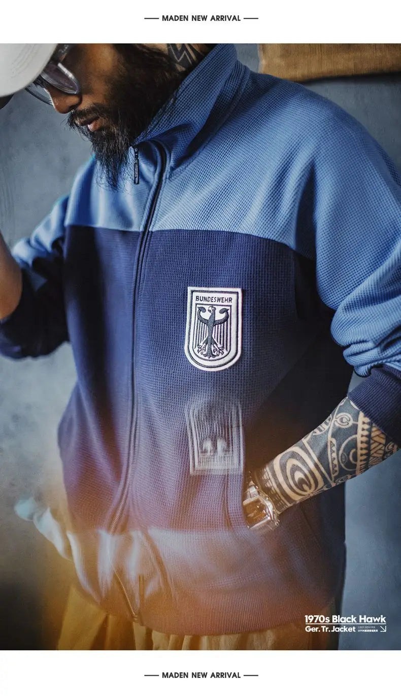 Maden Men's Vintage Contrast Navy Blue Jacket Waffle Knit Training Jacket Breathable Stand Collar Outwear for Spring Fall