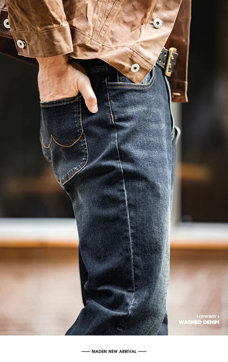 Maden Men's Vintage 11.5oz Denim Washed Straight Jeans