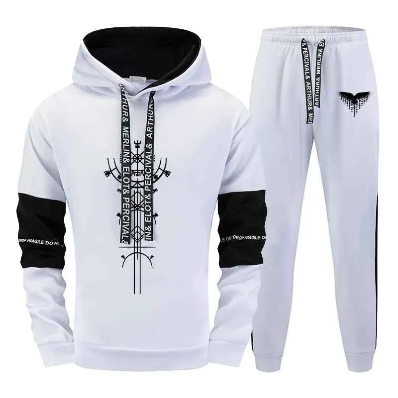 Mens Tracksuit Set Warm Hooded Sweatshirt and Sweatpants 2 Pcs Winter High Quality Casual Jogging Clothing in Black or White