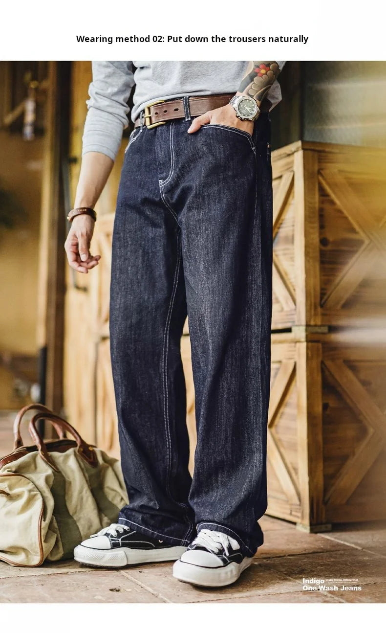 Maden Men's Vintage 12oz Washed Denim Jeans Straight Wide Leg Blue Trousers Loose Fit Zip Fly Casual Pants for Fall and Winter