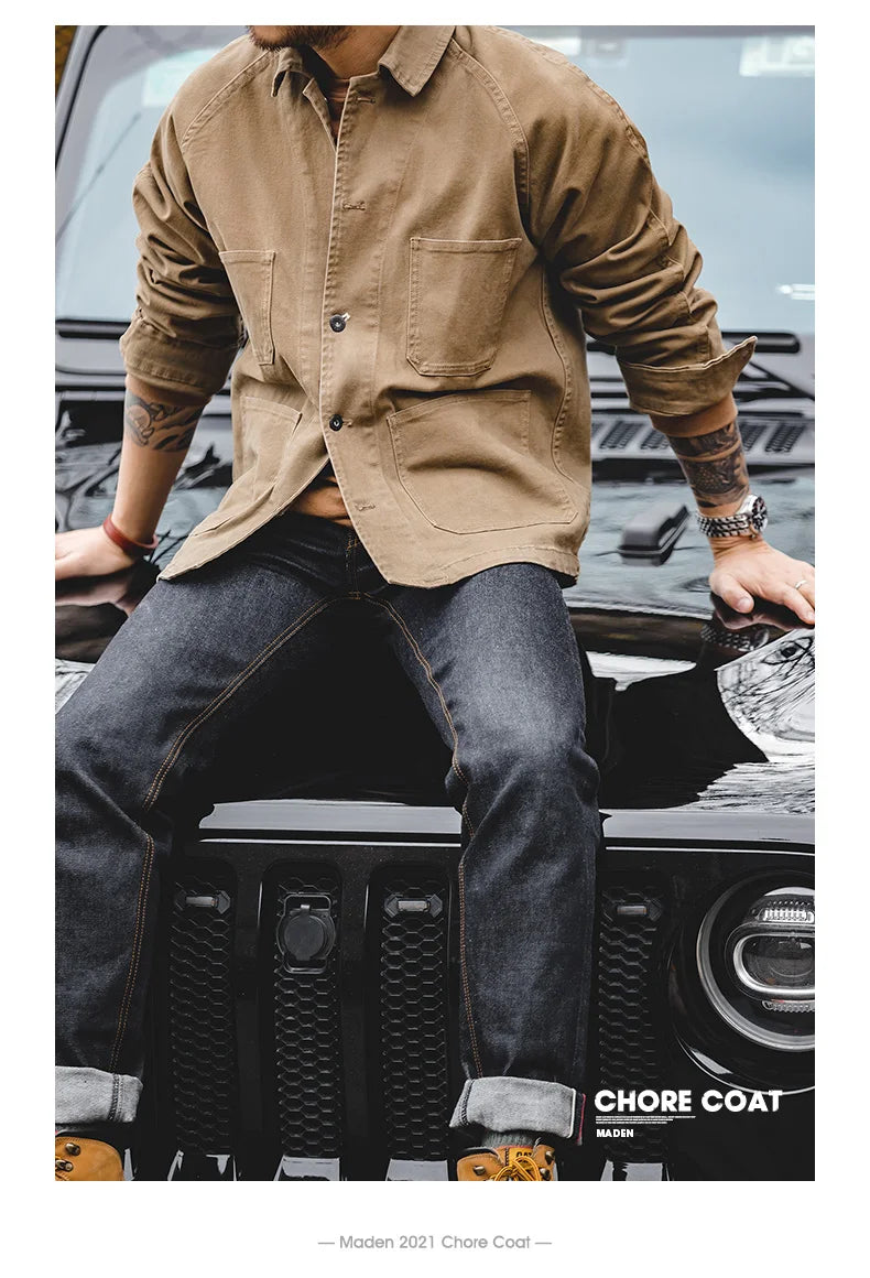 Maden Heavyweight Twill Fabric Four-pocket Chore Coat for Men Khaki Color Turn-down Collar Utility Jacket Male Autumn Jackets