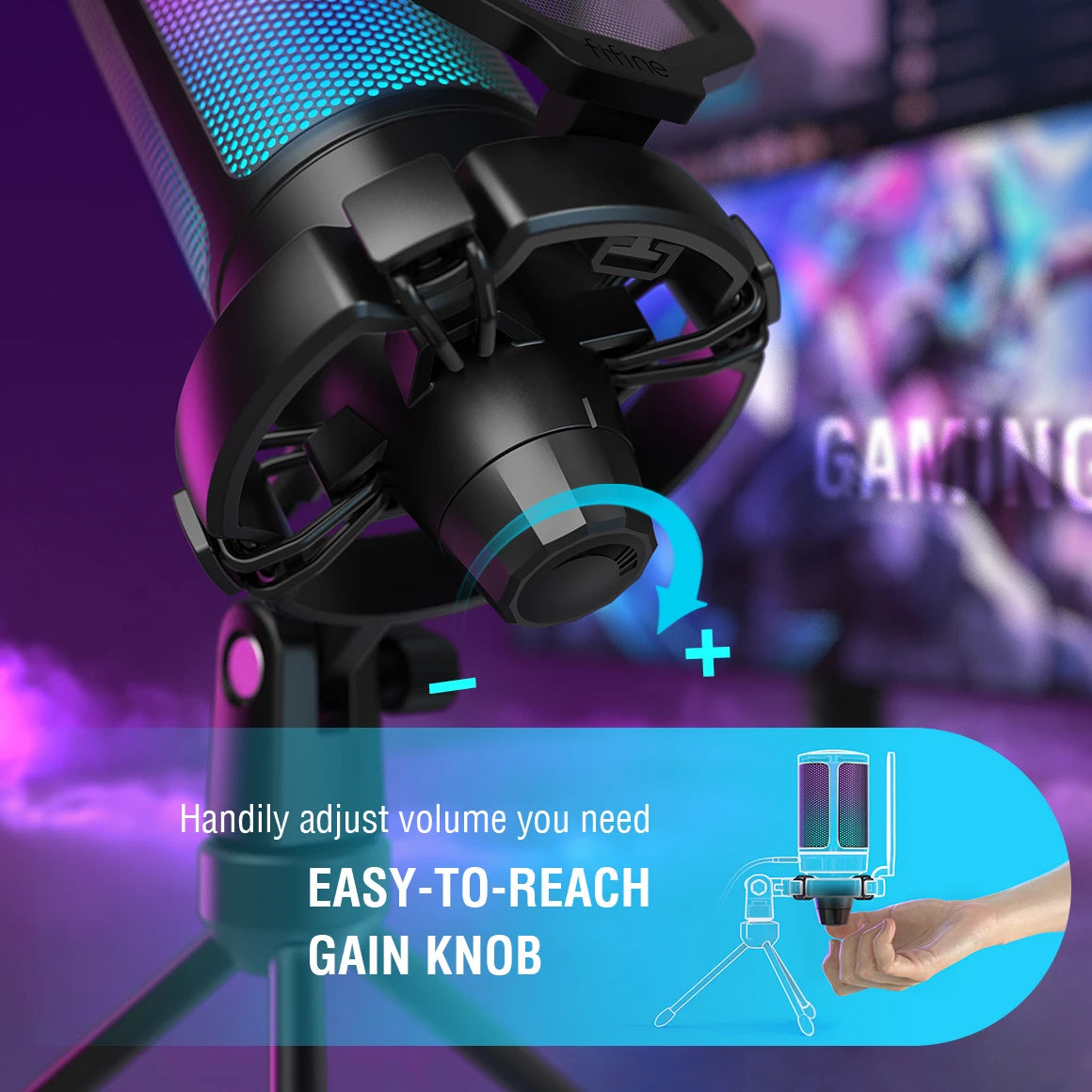 FIFINE USB Gaming Microphone on a desk with a flexible arm and pop filter, ideal for streaming and gaming setup.