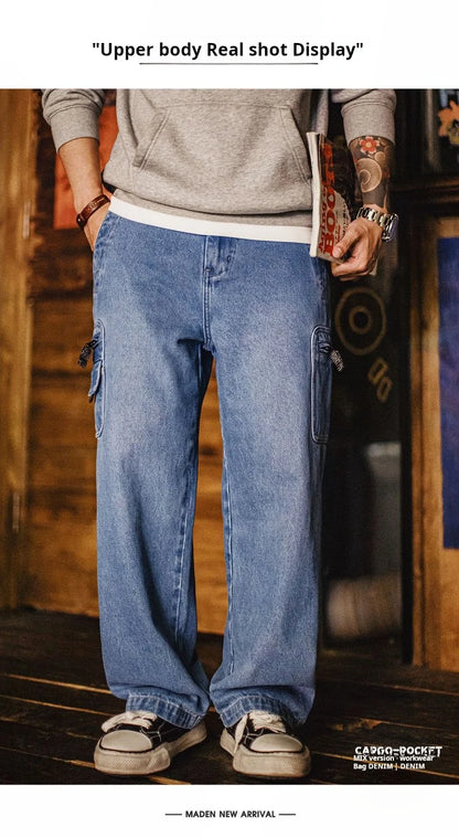 Maden Men's Vintage 10.5oz Washed Denim Jeans Loose Fit Cargo Pocket Workwear Pants Casual Blue Trousers for Spring and Autumn
