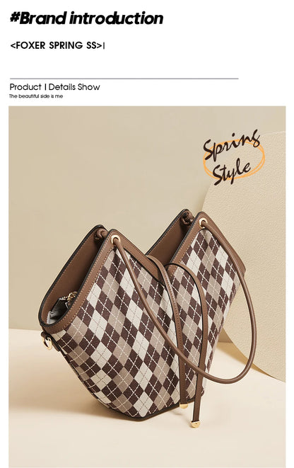 FOXER Brand Chic Women's Shoulder Bag 2026 New Spring Summer Luxury Design Female Handbag Purse Fashion Large Plaid Tote Bag
