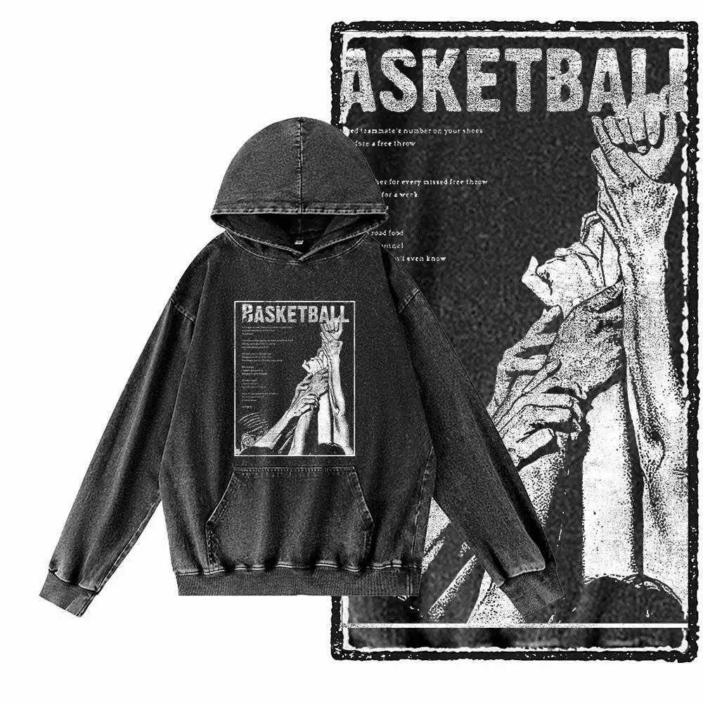 Courtside Basketball Graphic Acid-Washed Black Hoodie