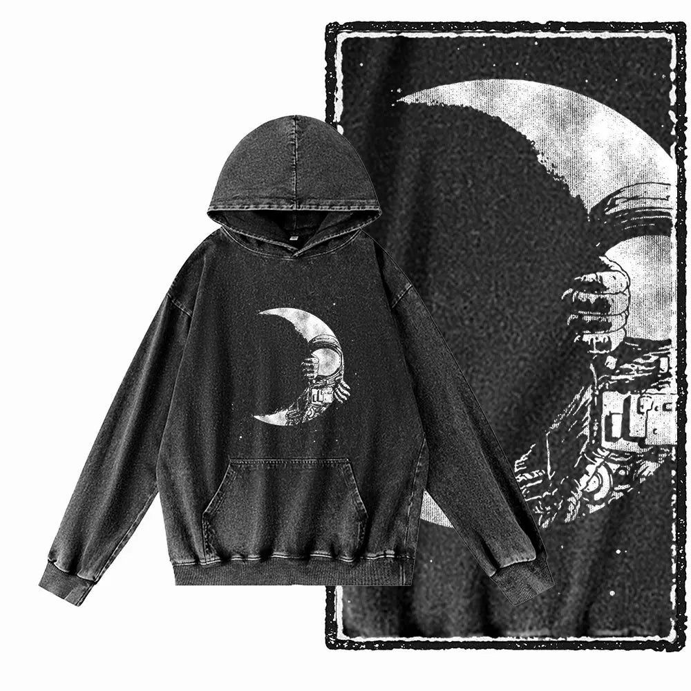 Orbit Runner Astronaut Acid-Washed Black Hoodie