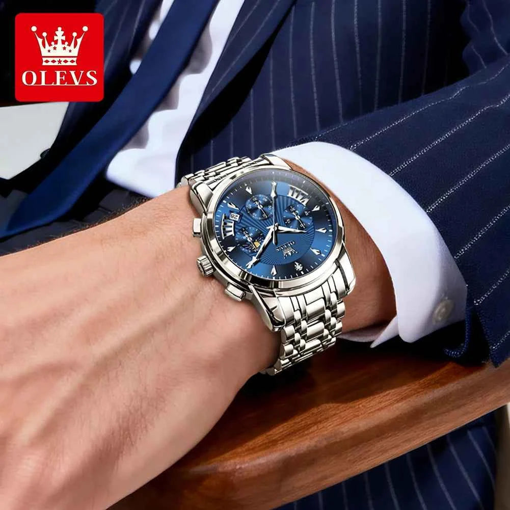 OLEVS 2892 Mens Business Quartz Watch with Moon Phase Multifunctional Chronograph and Calendar Window