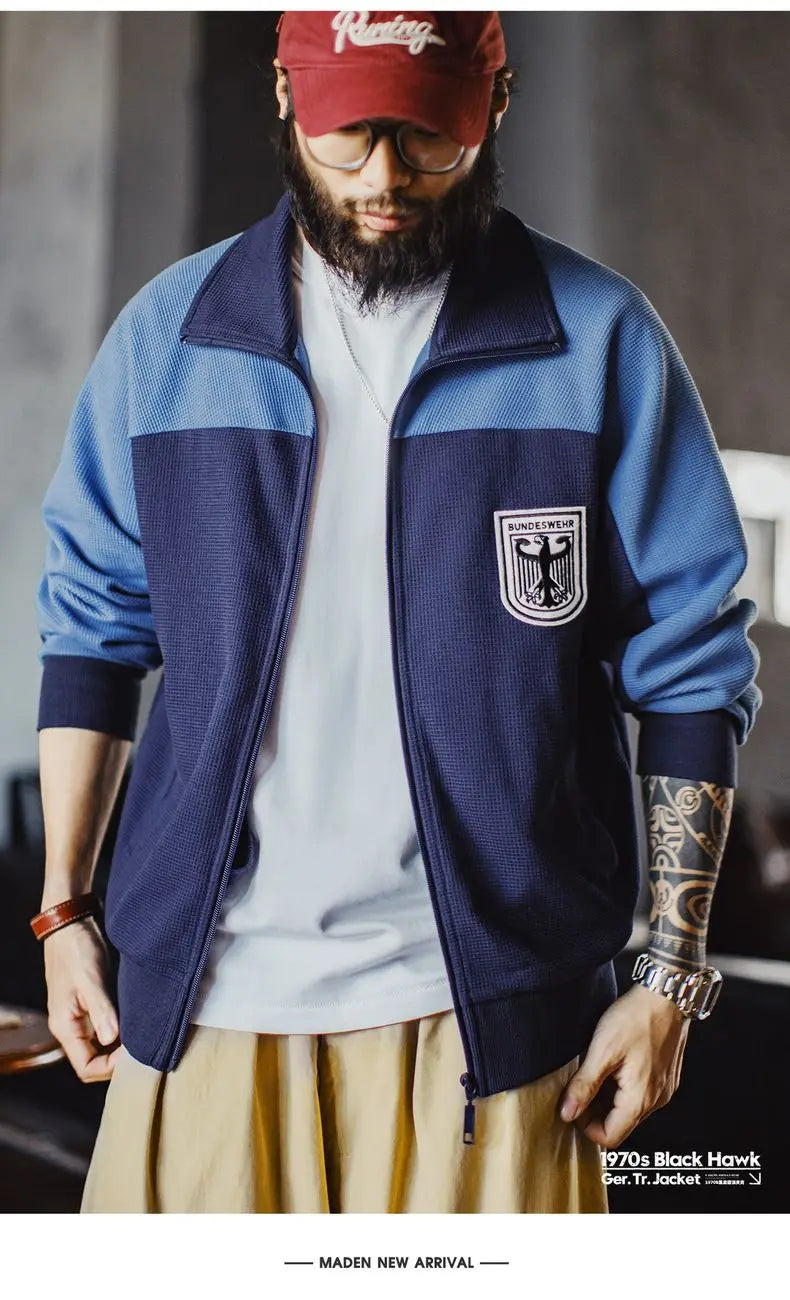 Maden Men's Vintage Contrast Navy Blue Jacket Waffle Knit Training Jacket Breathable Stand Collar Outwear for Spring Fall