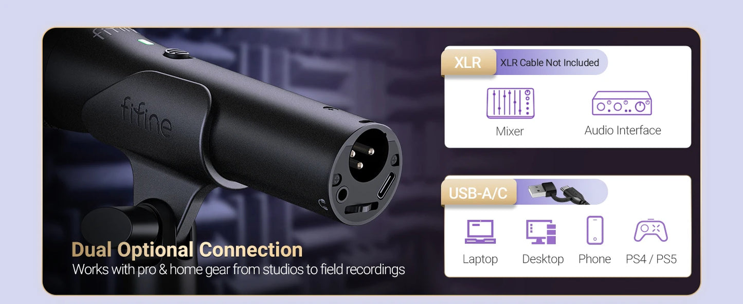 A black fmine audio interface microphone shown on a dark promotional graphic with text reading 'Dual Optional Connection' and icons noting XLR cable not included plus USB-A/C connections to mixer, audio interface, laptop, desktop, phone, and PS4/PS5.