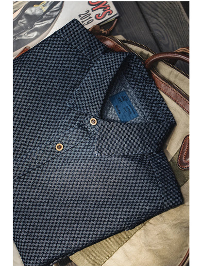 Maden Retro Checkered Long-sleeved Denim Shirt Loose Lapel Single-breasted Jacket for Men Spring and Fall Versatile Outerwear