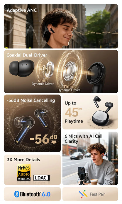 QCY MeloBuds N60 Wireless Earphone - Bluetooth 6.0, Bass Boost, Hi-Res Audio, Hybrid ANC, 45Hrs Playback - ShopHub