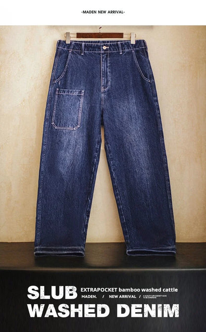 Maden 15oz Slub Cotton Denim Jeans Vintage Men's Washed Blue Straight Tapered Trousers Pants with Pockets for Men Autumn Winter