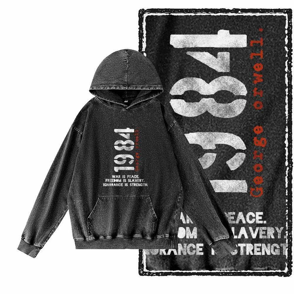 1984 Graphic Acid-Washed Black Streetwear Hoodie