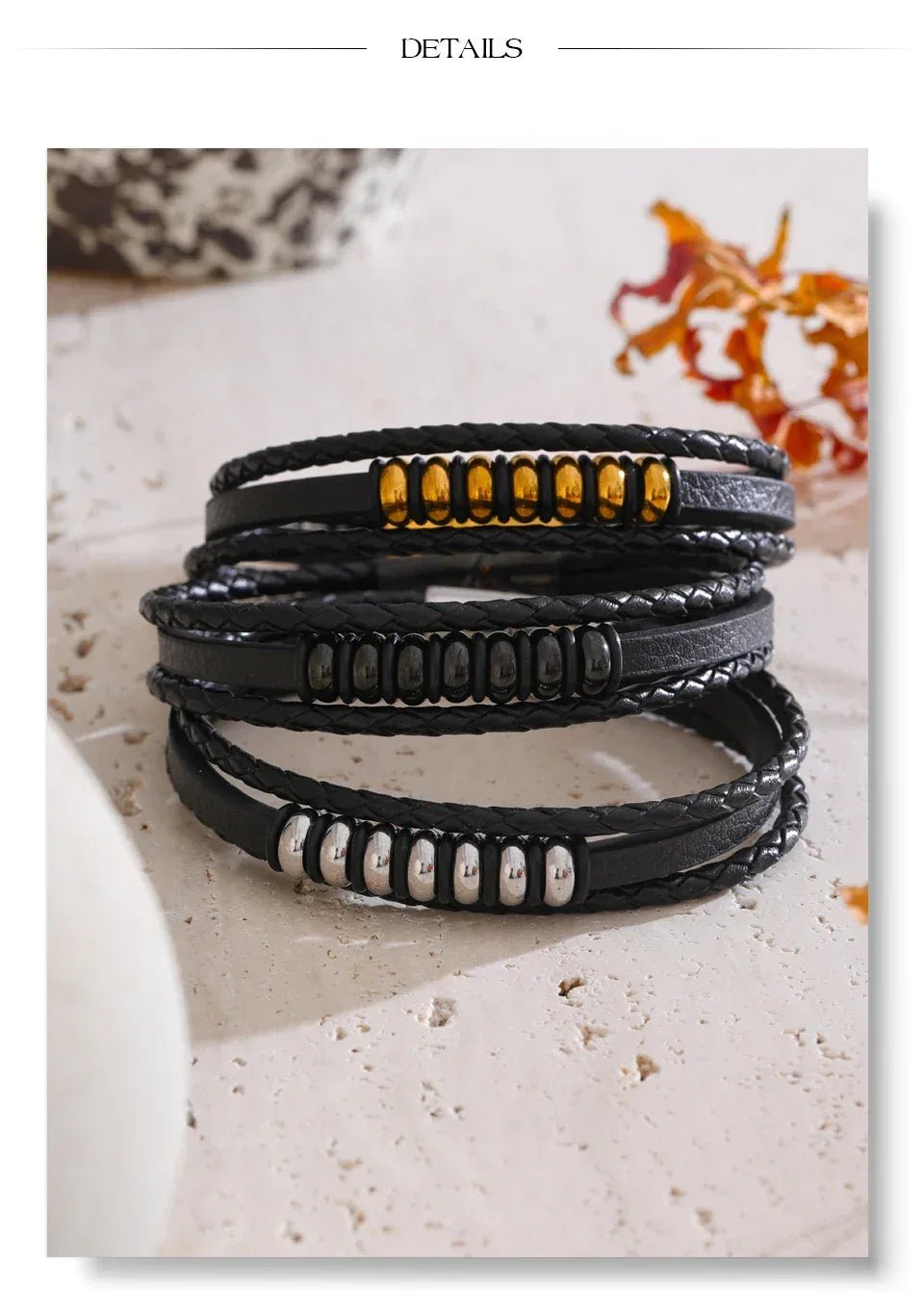 Stylish Black Fibre Leather Layered Men's Wrist Bracelet Bangle - ShopHub