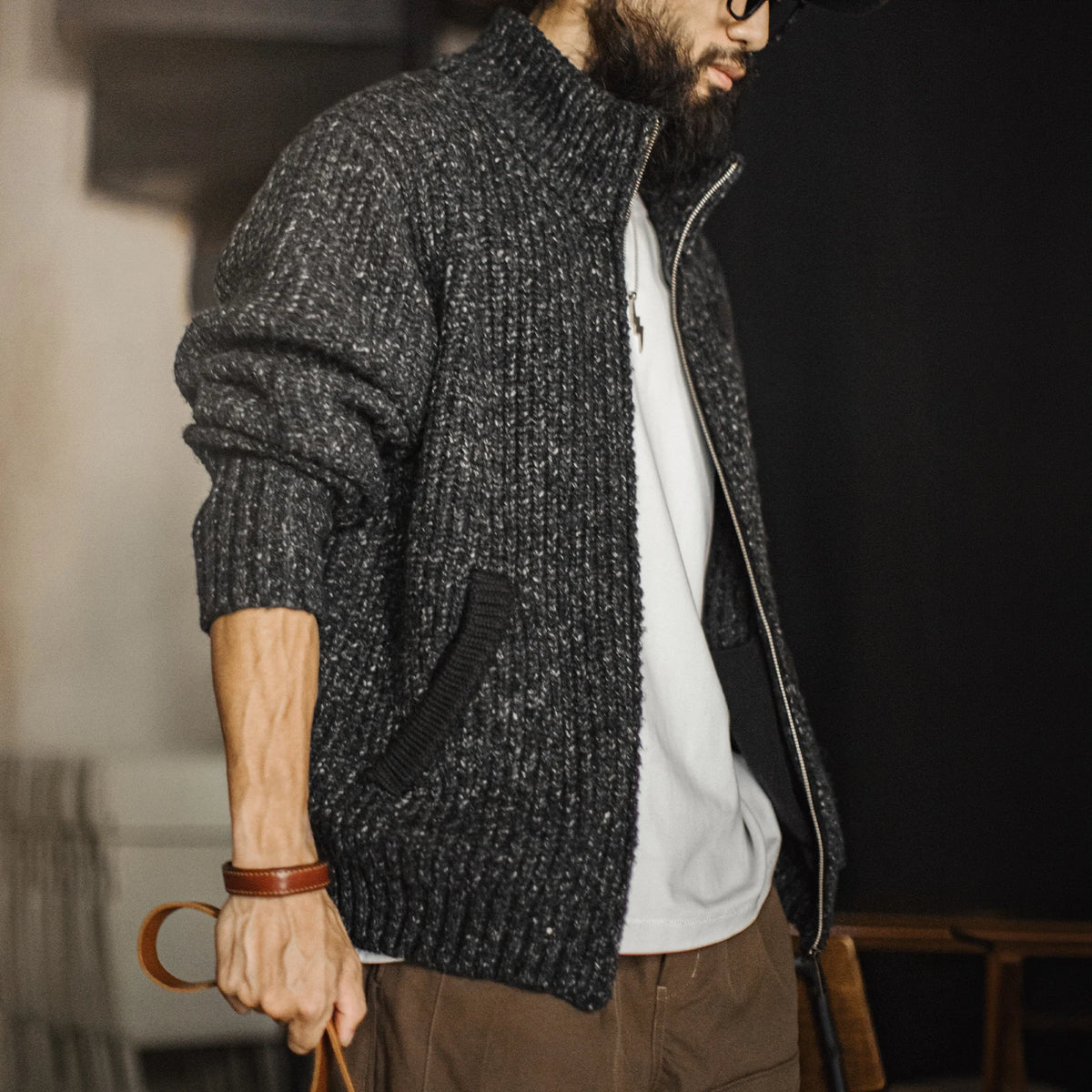 MADEN Heavyweight Mock-Neck Zip Cardigan