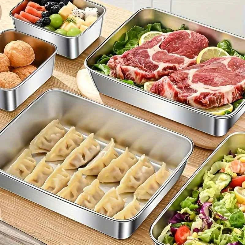 3Pcs Stackable Stainless Steel Food Containers, Kitchens Accessories, Stores Knives, Reusable for Kitchen & Fridge Storage