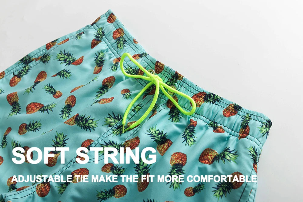 Men's Datifer Summer swimming shorts with polyester mesh lining, adjustable waist, printed design, and side pockets for active beachwear.