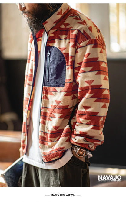 Maden Men's Vintage Navajo Polar Fleece Jacket Stand Collar Zip-Up Patchwork Sweatshirt Warm Cardigan for Spring and Autumn Coat