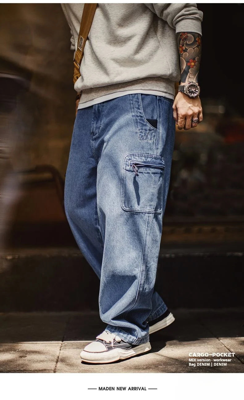 Maden Men's Vintage 10.5oz Washed Denim Jeans Loose Fit Cargo Pocket Workwear Pants Casual Blue Trousers for Spring and Autumn