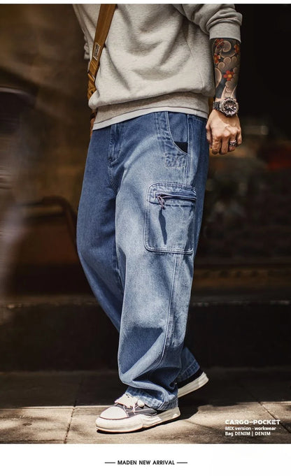 Maden Men's Vintage 10.5oz Washed Denim Jeans Loose Fit Cargo Pocket Workwear Pants Casual Blue Trousers for Spring and Autumn