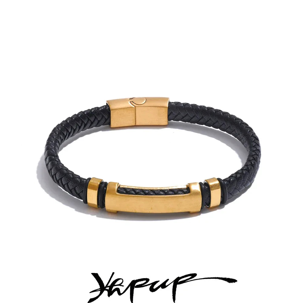 70mm Vintage Stainless Steel Black Leather Braided Handmade Men's Bracelet Bangle - ShopHub