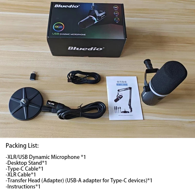 Bluedio S3000 Microphone - USB/XLR Dynamic Mic for Gaming, Streaming, and PS5/4 with Headphone Jack, RGB, and Mute Function