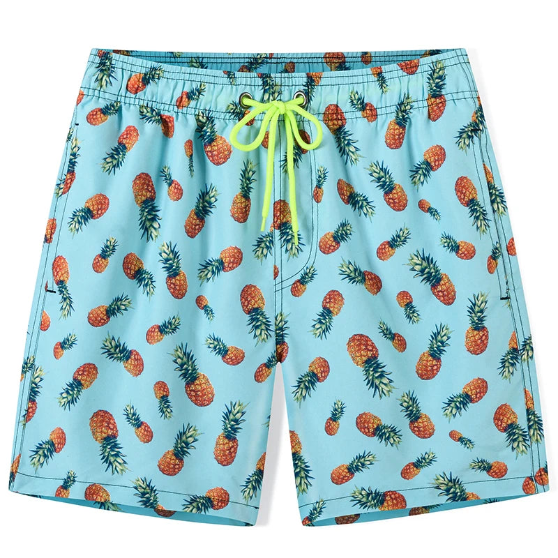 Men's summer boardshorts by ShopHub NZ featuring polyester fabric, vibrant print, quick-dry design, and breathable mesh liner.